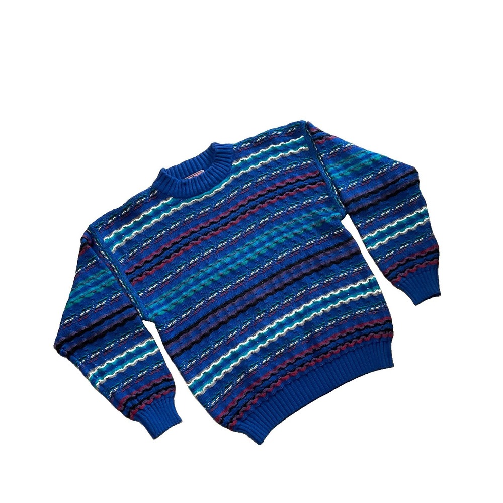 Vintage Concrete Mix Blue Multicolored Geometric 3D Knit Pullover Sweater